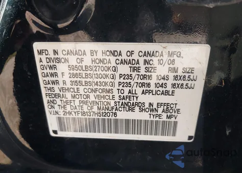 2007 Honda Pilot Lx z USA, uszkodzony, nr VIN 2HKYF18137H512076